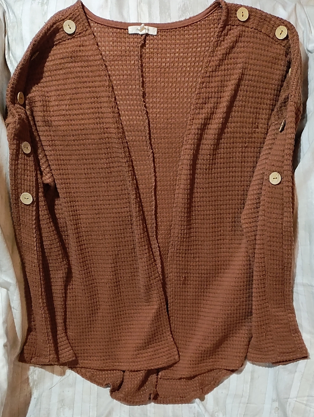 Maurices Waffle Knit Button-Shoulder Cardigan in Rust Brown, Size Medium